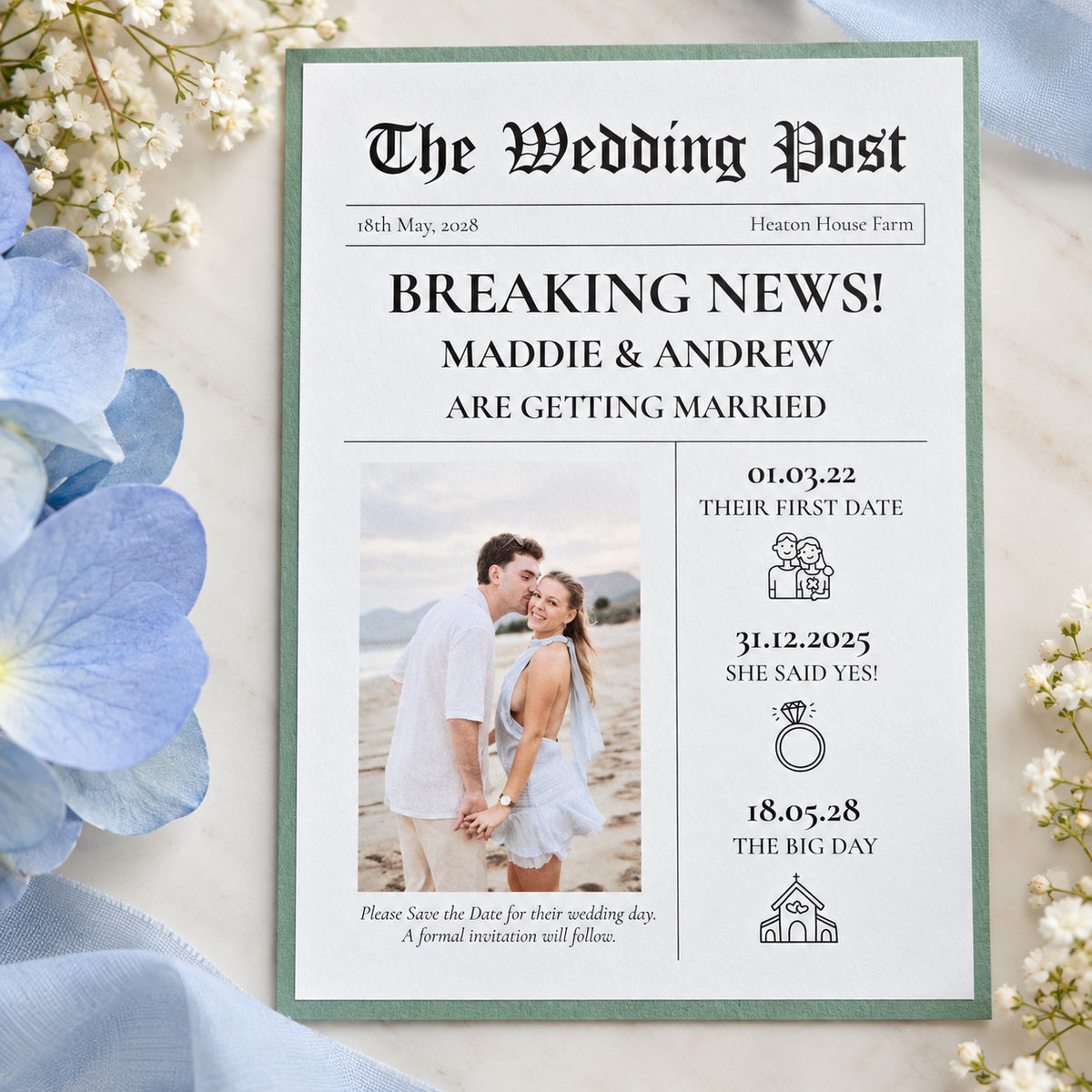 Wedding Post Newspaper Save the Date Card