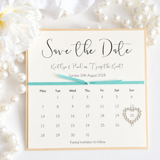 Calendar Style Save the Date with Knotted Ribbon Emily Font