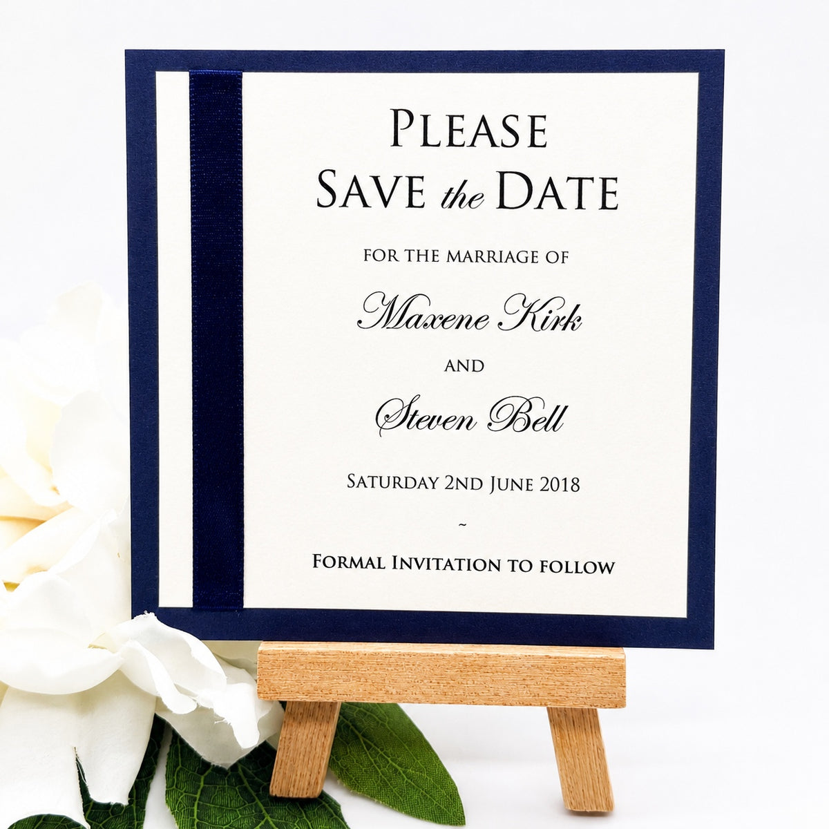 Classic Mounted Flat Save the Date with Ribbon down the Left Side